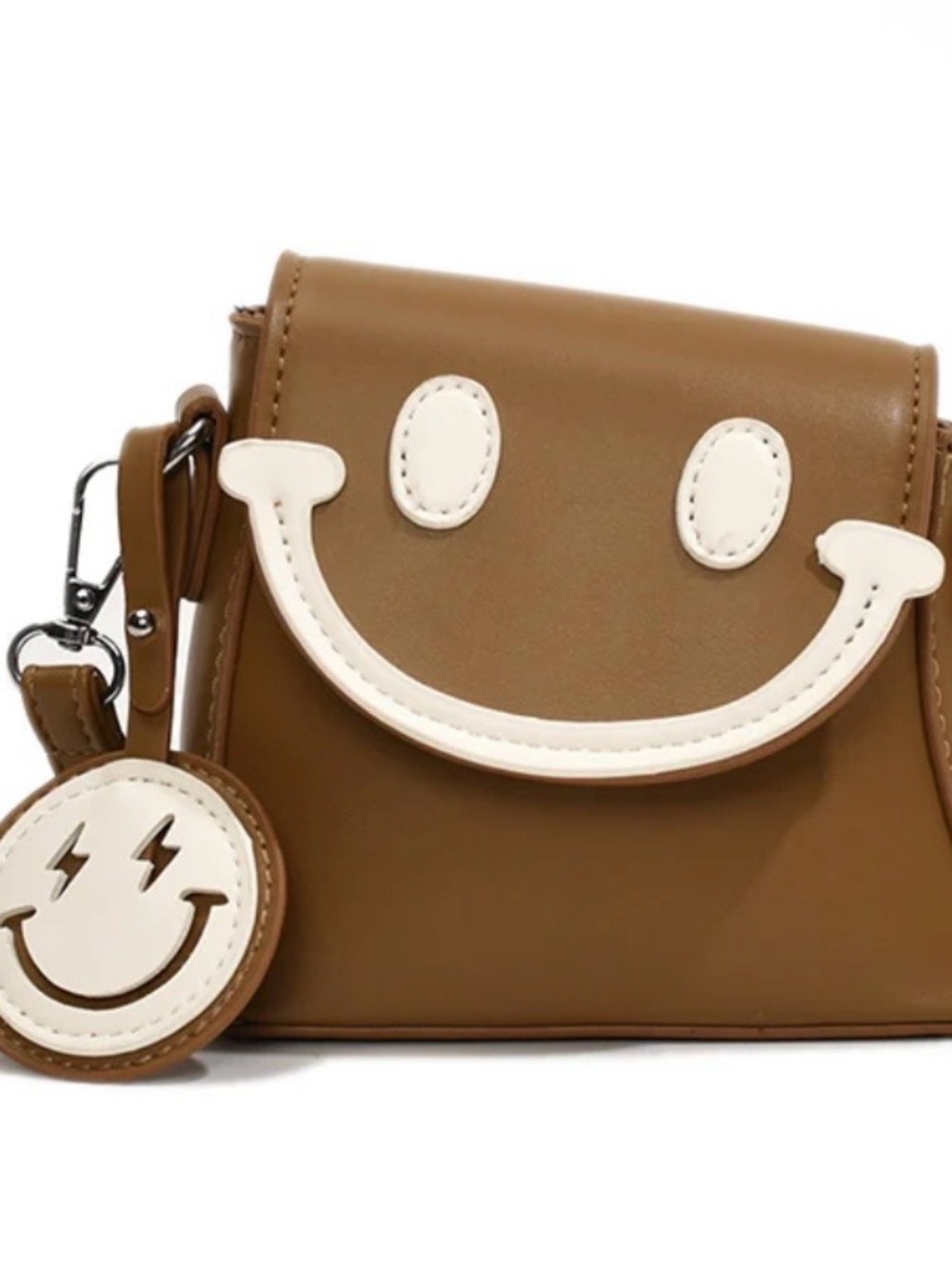 Brown Smiley Appliqué Crossbody Bag with White Accents